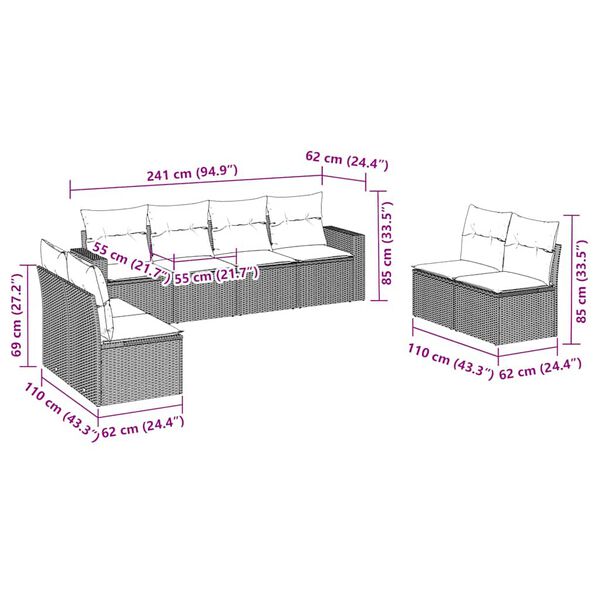 vidaXL 8 pcs conjunto sof&aacute;s de jardim c/ almofad&otilde;es vime PE castanho