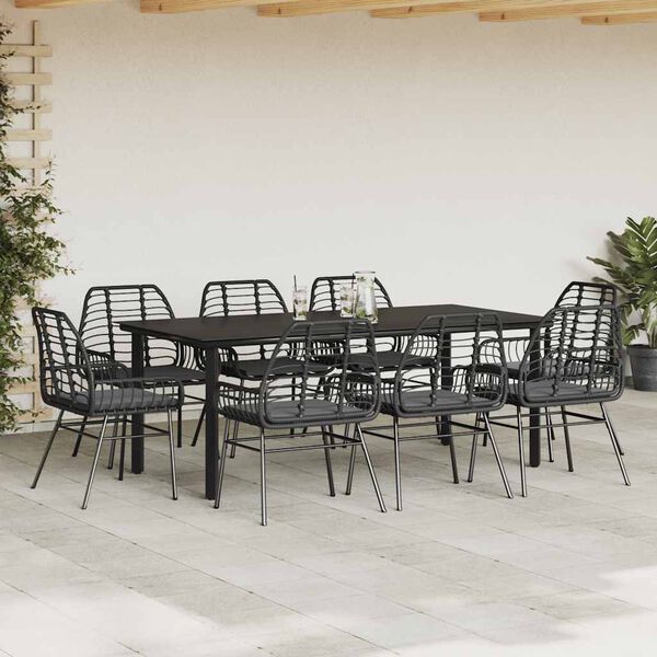 vidaXL Conjunto de jantar jardim 9 pe&ccedil;as almofadas vidro vime PE preto