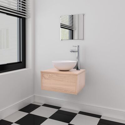 vidaXL Conjunto móveis casa de banho 4 pcs com bacia e torneira, bege