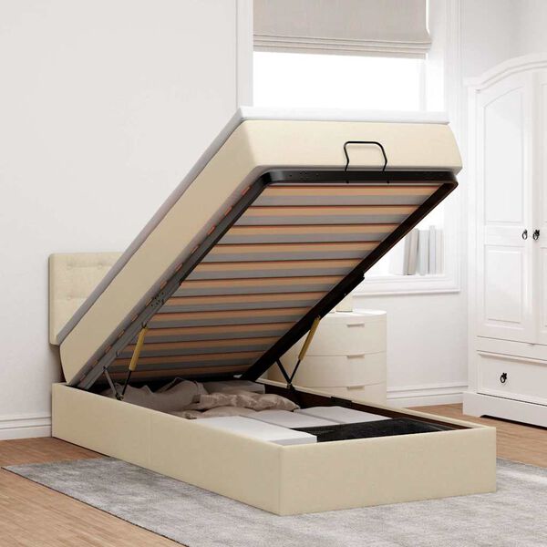 vidaXL Cama Otomana com colch&atilde;o & LEDs 90x200 cm tecido creme