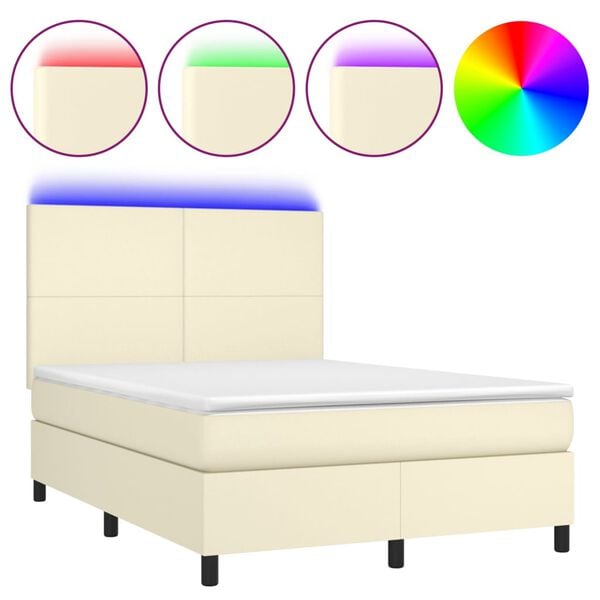 vidaXL Cama box spring c/ colch&atilde;o/LED 140x190cm couro artificial creme