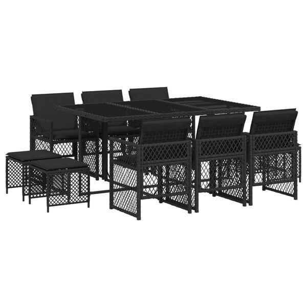 vidaXL 11 pcs conjunto de jantar p/ jardim c/ almofad&otilde;es vime PE preto