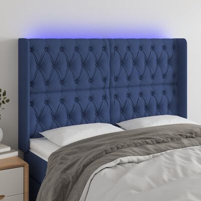 vidaXL Cabeceira de cama c/ luzes LED tecido 163x16x118/128 cm azul