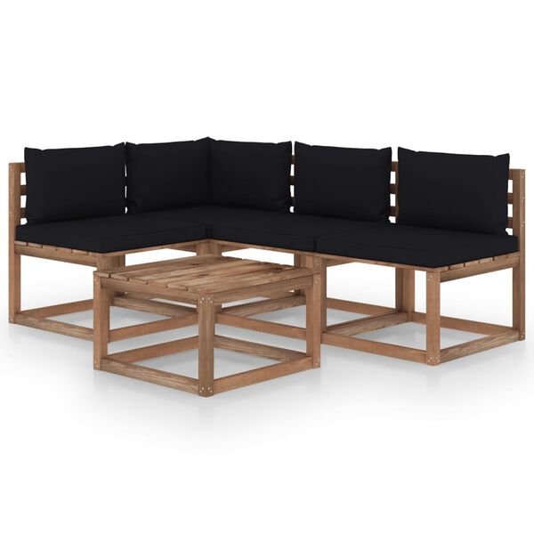 vidaXL 5 pcs conjunto lounge de jardim c/ almofad&otilde;es preto
