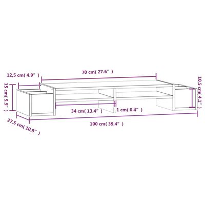 vidaXL Suporte para monitor 100x27,5x15 cm madeira pinho maciça branco