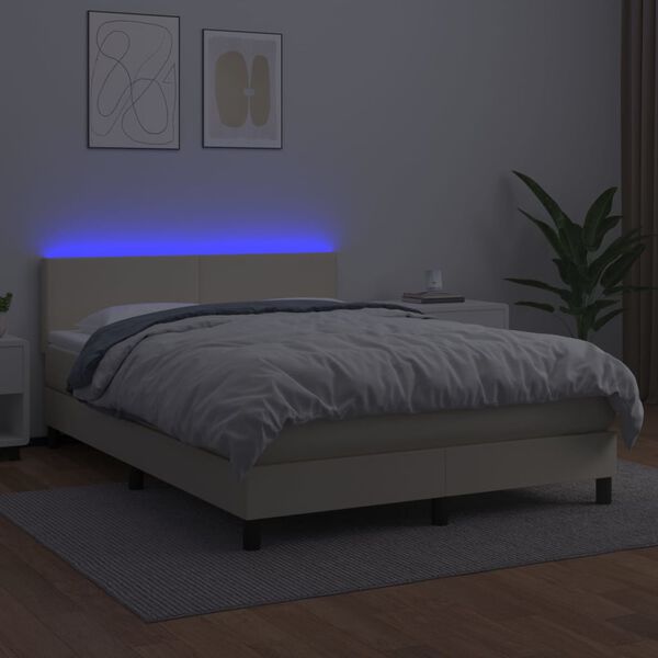 vidaXL Cama box spring c/ colch&atilde;o/LED 140x200cm couro artificial creme