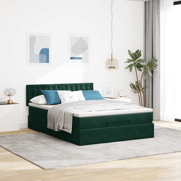 vidaXL Estrutura de cama otomana com colch&atilde;o 140x190cm verde escuro