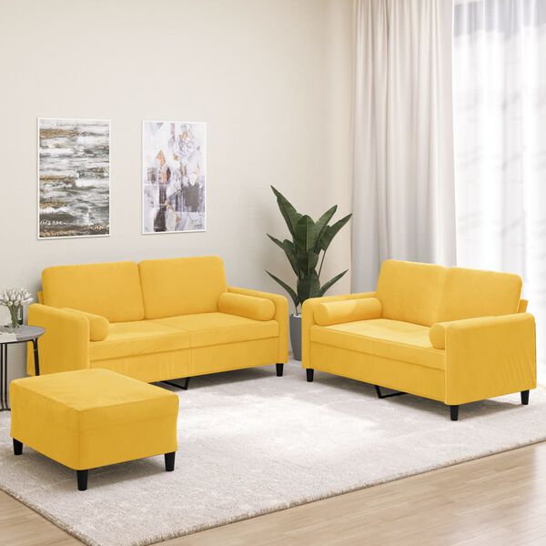 vidaXL 3 pcs conjunto sof&aacute;s c/ almofadas/almofad&otilde;es veludo amarelo
