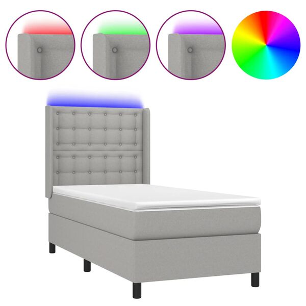 vidaXL Cama box spring c/ colch&atilde;o e LED 90x200 cm tecido cinza-claro