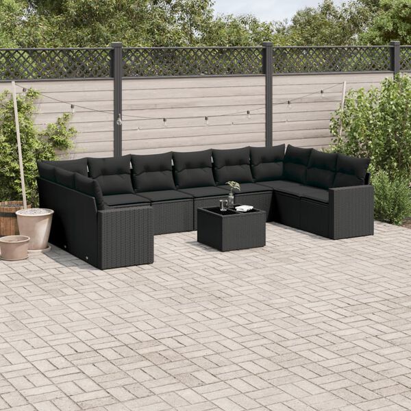 vidaXL 11 pcs conjunto sof&aacute;s de jardim c/ almofad&otilde;es vime PE preto