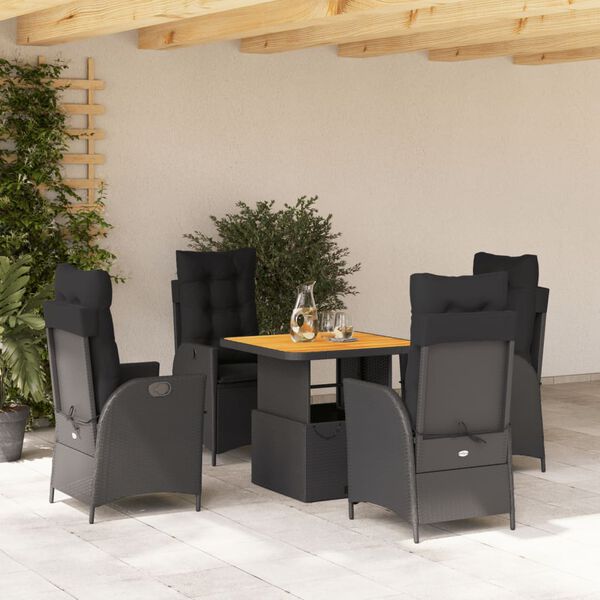 vidaXL 5 pcs conjunto de jantar p/ jardim c/ almofad&otilde;es vime PE preto