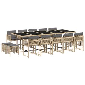 vidaXL 15 pcs conj. jantar jardim c/ almofad&otilde;es vime PE bege misturado