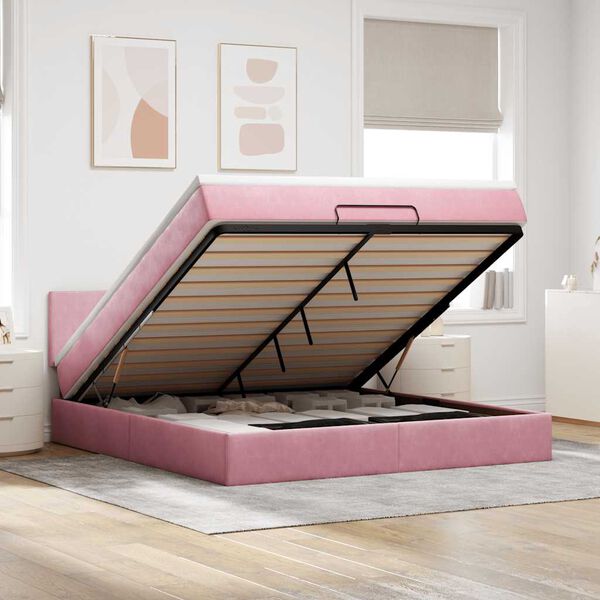 vidaXL Estrutura de cama otomana com colch&atilde;o 180x200 cm veludo rosa