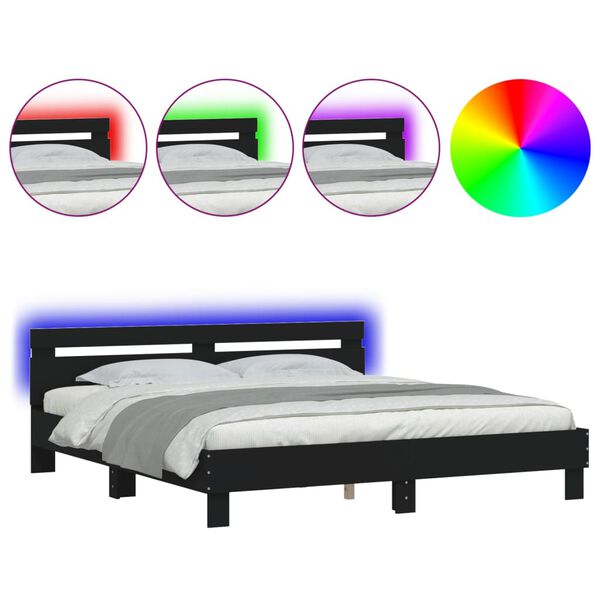 vidaXL Estrutura de cama com cabeceira e luzes LED 200x200 cm preto