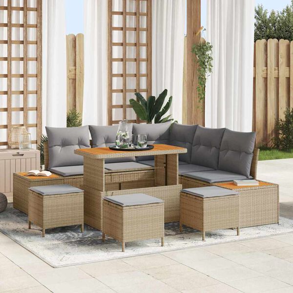 vidaXL Conjunto de Sof&aacute; de Jardim 9 pcs Bege Rattan Sint&eacute;tico