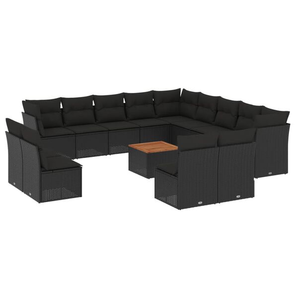 vidaXL 14 pcs conjunto de sof&aacute;s p/ jardim c/ almofad&otilde;es vime PE preto