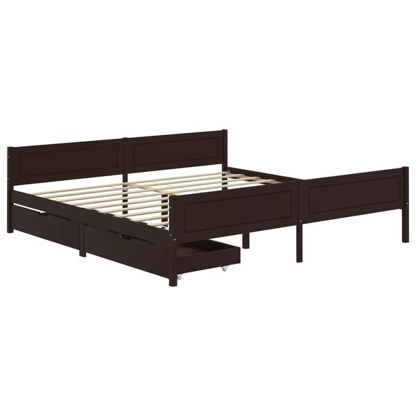 vidaXL Cama com 2 gavetas 200x200 cm pinho maci&ccedil;o castanho-escuro