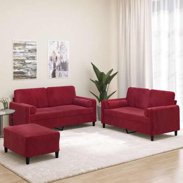 vidaXL 3pcs conj. sof&aacute;s c/ almofadas/almofad&otilde;es veludo vermelho tinto