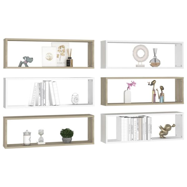 vidaXL Estantes parede c&uacute;bicas 6pcs contr. 80x15x26,5 cm branco/sonoma