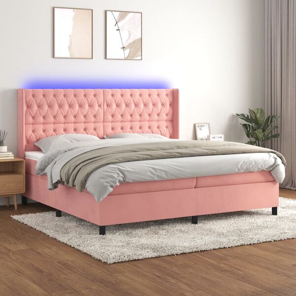vidaXL Cama box spring c/ colch&atilde;o/LED 200x200 cm veludo rosa