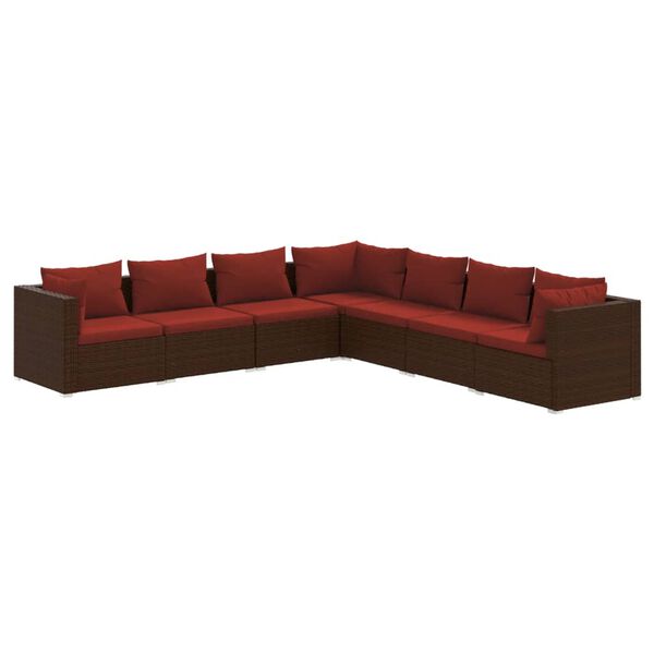 vidaXL 7 pcs conjunto lounge jardim c/ almofad&otilde;es vime PE castanho