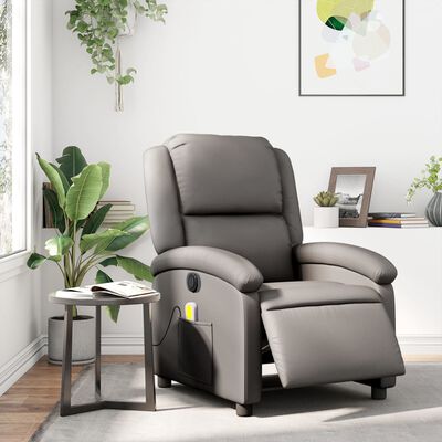 vidaXL Poltrona de massagens reclinável elétrica couro genuíno cinza