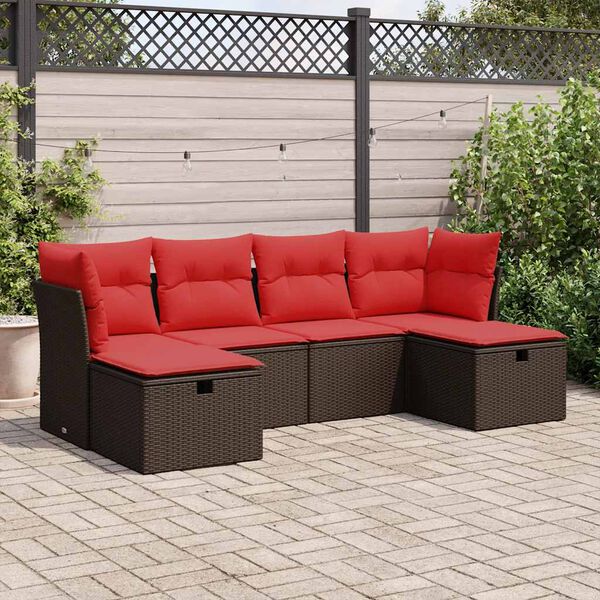 vidaXL 6 pcs conjunto de sof&aacute;s jardim c/ almofad&otilde;es vime PE castanho