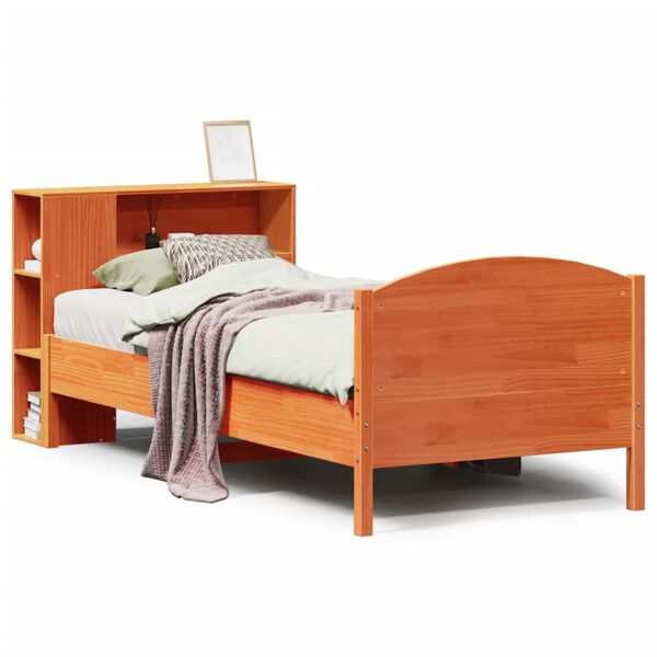 vidaXL Cama com estante sem colchão 75x190cm pinho maciço castanho-mel