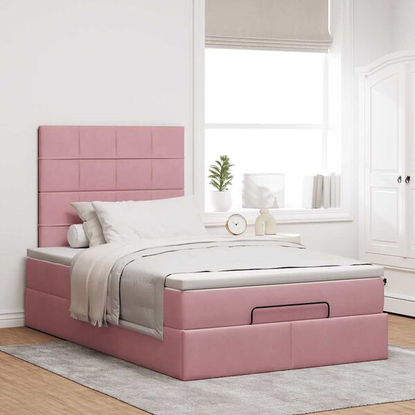 vidaXL Estrutura de cama otomana com colch&otilde;es 120x200 cm veludo rosa