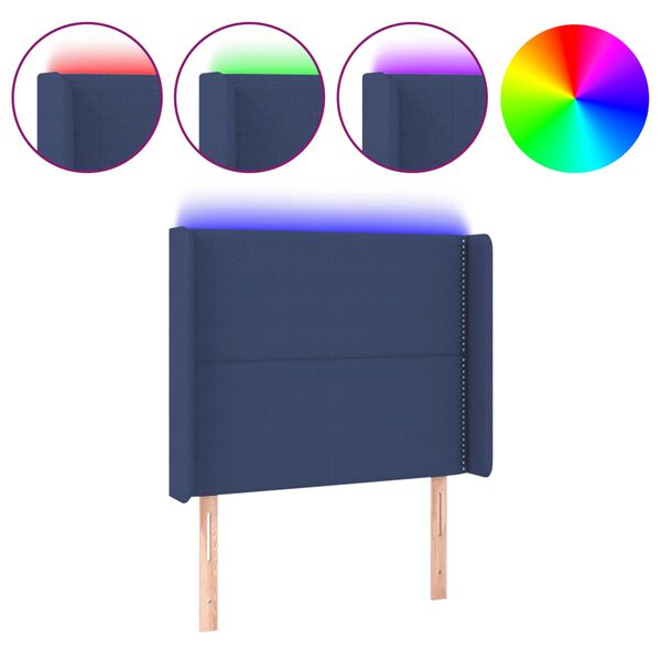 vidaXL Cabeceira de cama c/ luzes LED tecido 103x16x118/128 cm azul