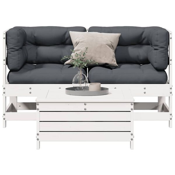 vidaXL 3 pcs conjunto lounge jardim c/ almofad&otilde;es pinho maci&ccedil;o branco