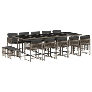 vidaXL 15 pcs conjunto jantar p/ jardim c/ almofad&otilde;es vime PE cinzento
