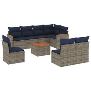 vidaXL Conjunto de sof&aacute; de jardim de 9 pe&ccedil;as com almofadas em rattan sint&eacute;tico cinza