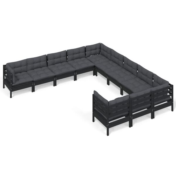vidaXL 11 pcs conjunto lounge de jardim c/ almofad&otilde;es pinho preto