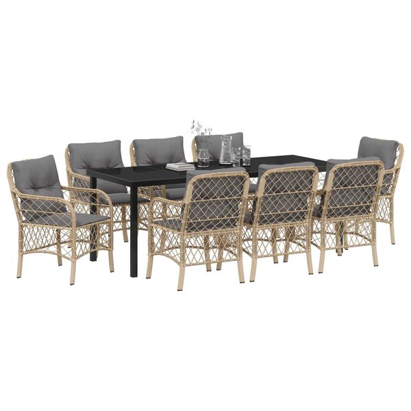 vidaXL Conjunto de Jantar para Jardim com almofada 9 pcs Bege vime PE
