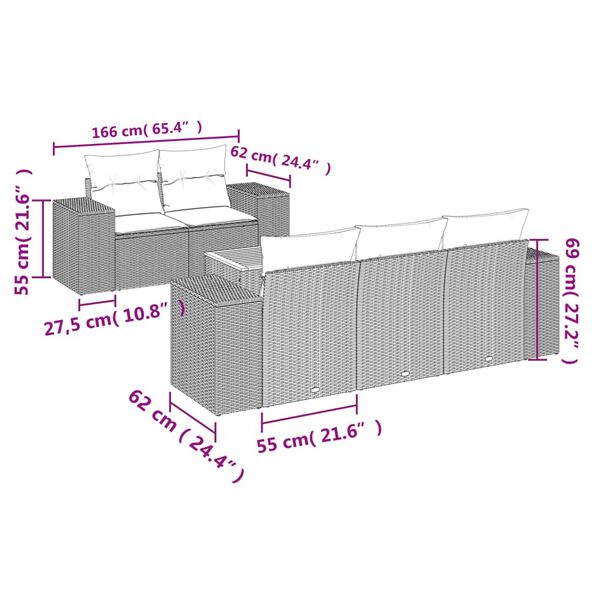 vidaXL 6 pcs conjunto sofás de jardim com almofadões vime cinzento
