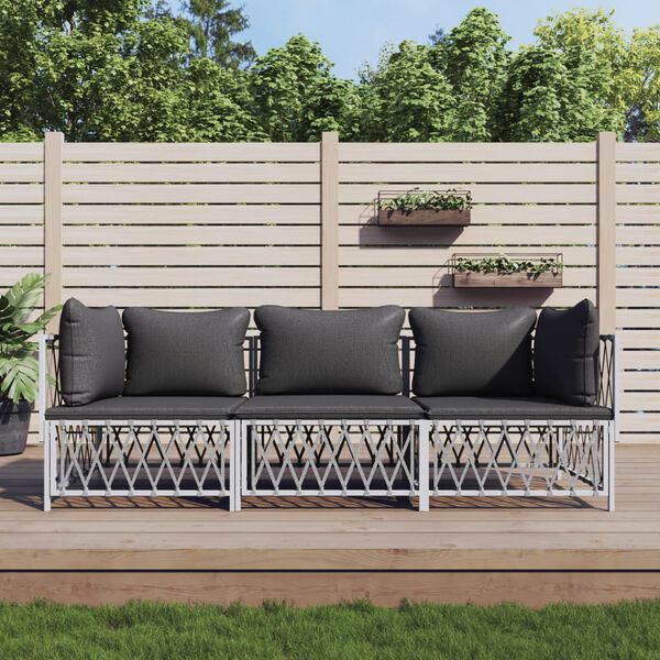 vidaXL 3 pcs conjunto lounge de jardim com almofadões aço branco