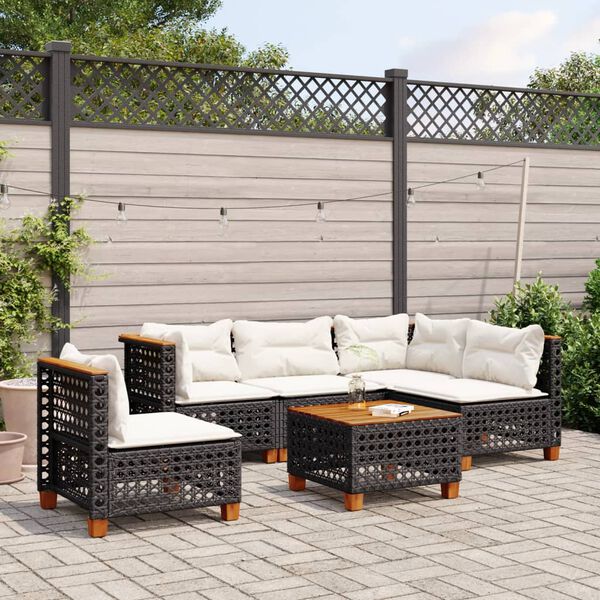 vidaXL 6 pcs conjunto sofás de jardim c/ almofadões vime PE preto