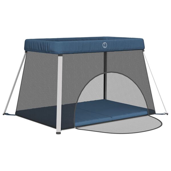 vidaXL Parque para beb&eacute;s com colch&atilde;o tecido de linho azul marinho