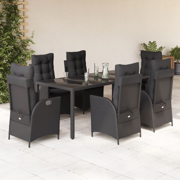 vidaXL 7 pcs conjunto de jantar p/ jardim c/ almofad&otilde;es vime PE preto
