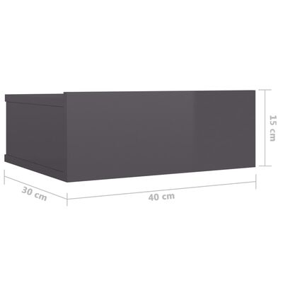 vidaXL Mesa de cabeceira suspensa 40x30x15 cm cinzento brilhante