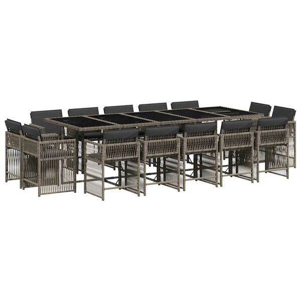 vidaXL 15 pcs conjunto jantar p/ jardim c/ almofad&otilde;es vime PE cinzento