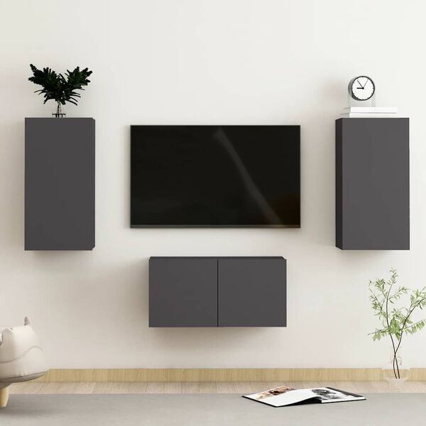 vidaXL 3 pcs conjunto de m&oacute;veis de TV contraplacado cinzento