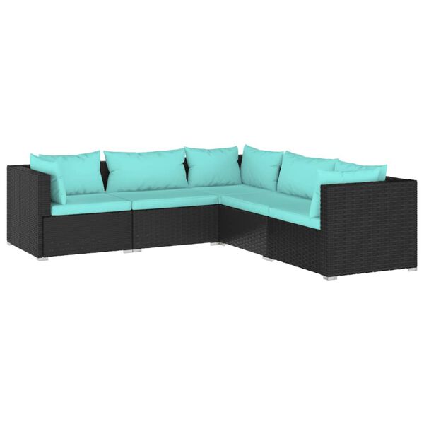 vidaXL 5 pcs conjunto lounge de jardim c/ almofadões vime PE preto