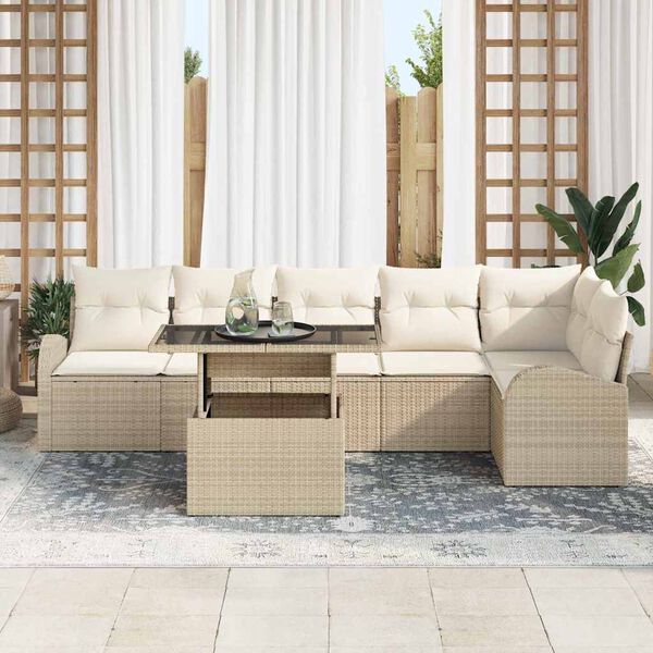 vidaXL Conjunto de Sof&aacute; de Jardim Manual 7 pcs Bege Rattan Sint&eacute;tico