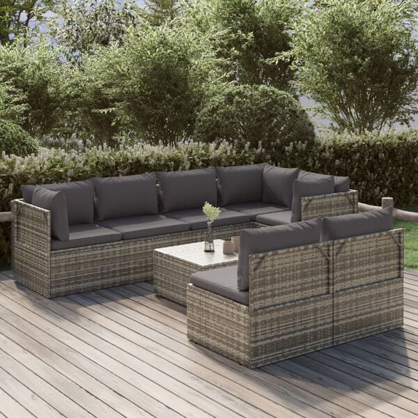 vidaXL 8 pcs conjunto lounge de jardim c/ almofad&otilde;es vime PE cinzento