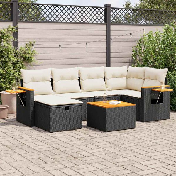 vidaXL 7 pcs conjunto de sof&aacute;s p/ jardim c/ almofad&otilde;es vime PE preto