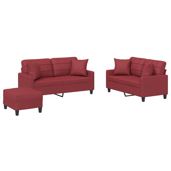 vidaXL 3 pcs conjunto sof&aacute;s c/ almofadas couro artif. vermelho tinto