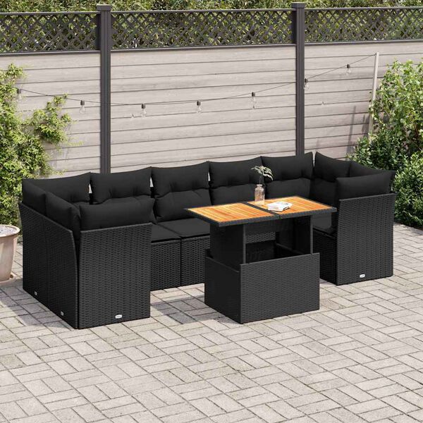 vidaXL 8 pcs conjunto sof&aacute;s de jardim com almofad&otilde;es vime PE preto