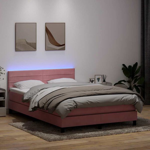vidaXL Cama box spring c/ colch&atilde;o e LED 160x220 cm veludo rosa